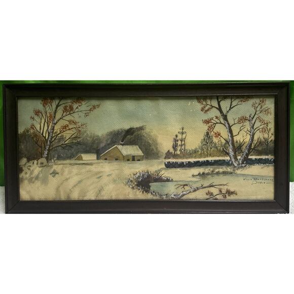 1924 Antique Water Color Painting By Willie Montgomery Winter Landscape Cottage